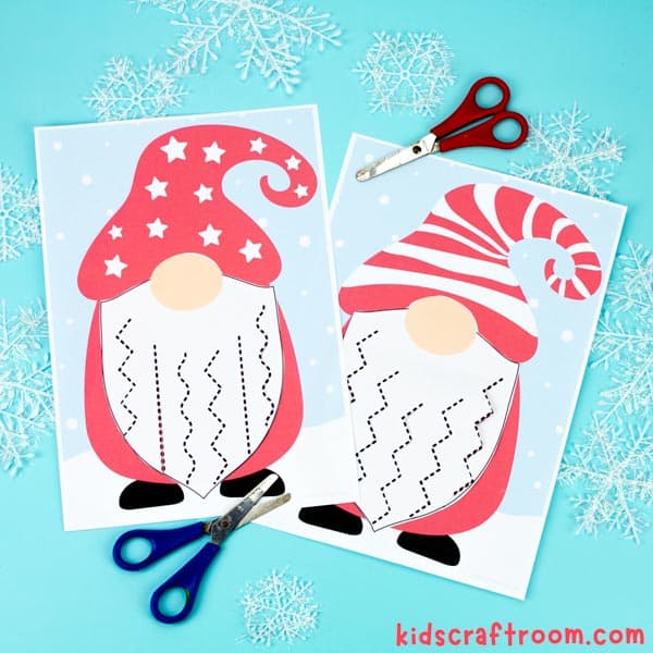 2 examples of Christmas Gnome Cutting Practice Worksheets on a blue background.