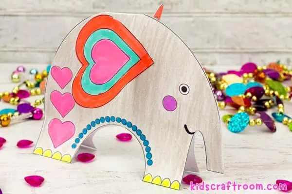 A grey Valentine Elephant Craft with heart shaped ears.