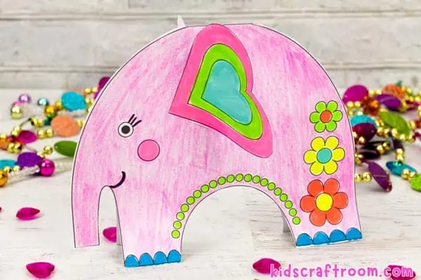 A close up of a pink Valentine Elephant Craft.