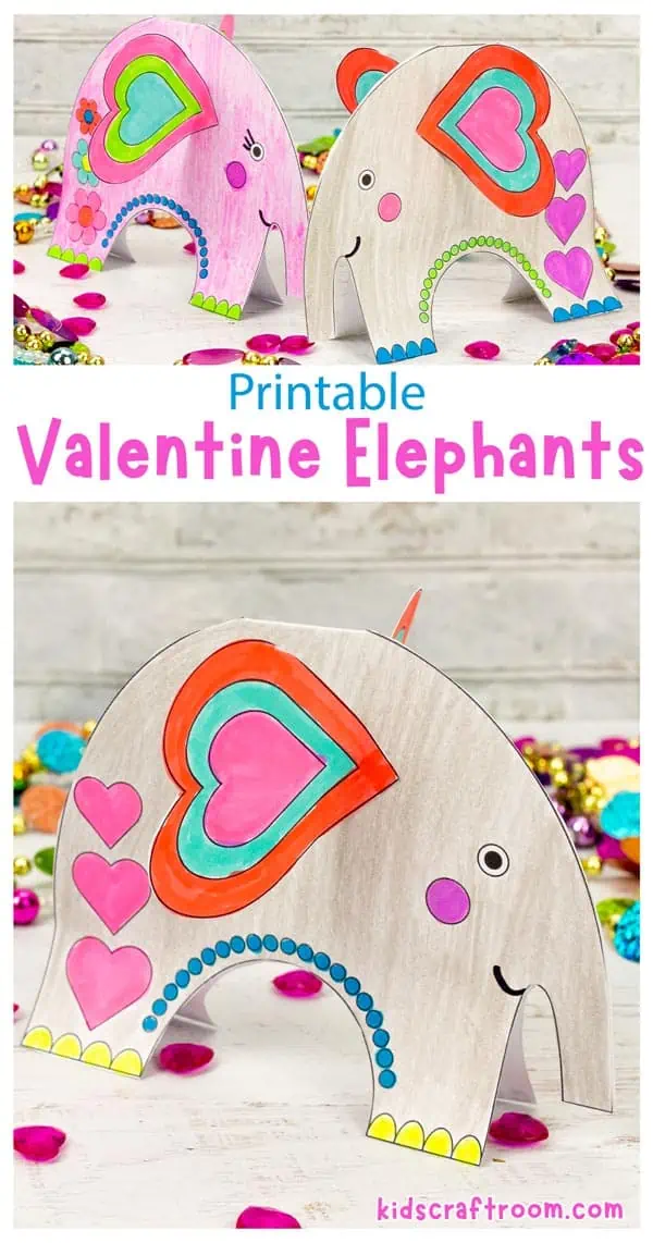 A collage of elephant crafts overlaid with text saying Printable Valentine Elephants.