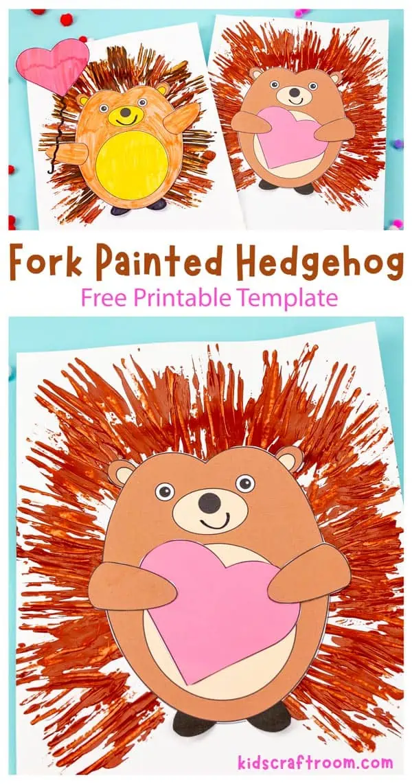 3 painted hedgehogs overlaid with text saying Fork Painted Hedgehog, Free Printable Template.