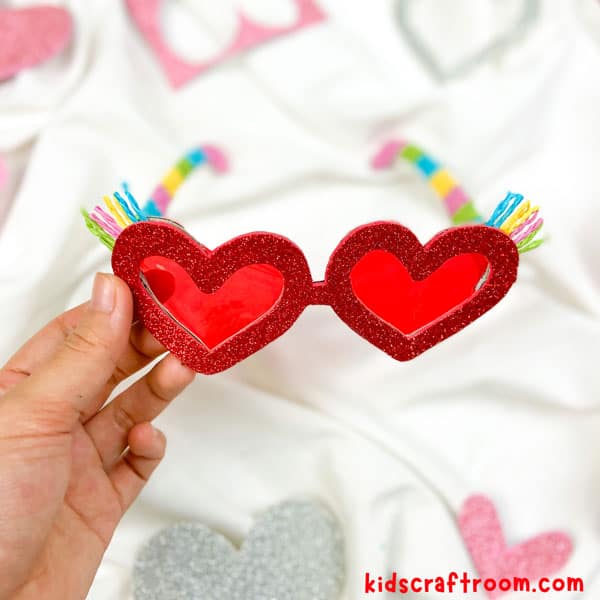 A close up of the front of the Heart Sunglasses Craft.
