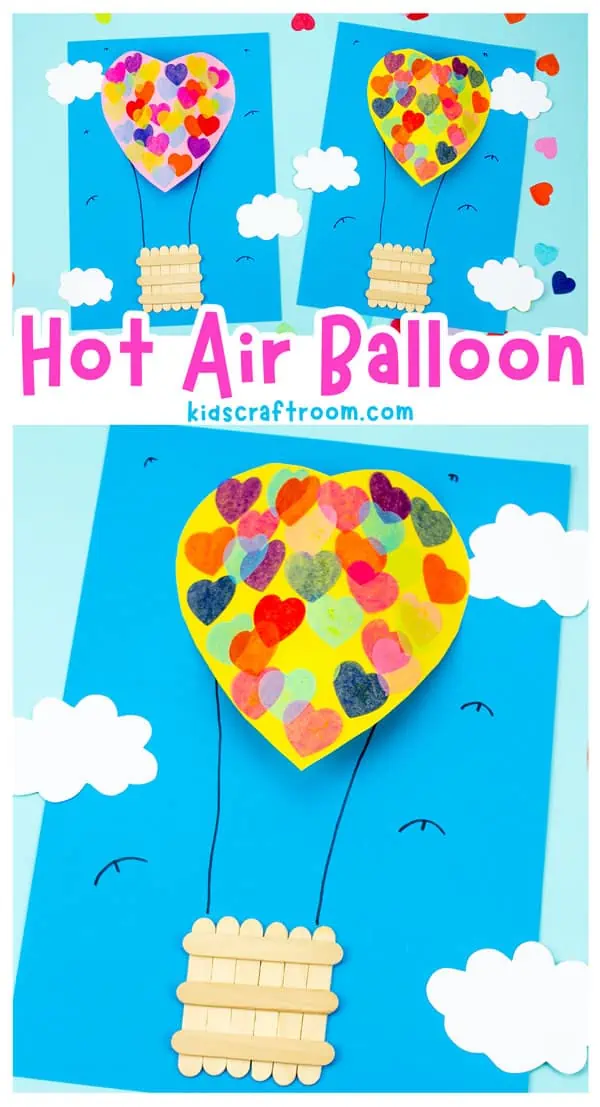 A collage of different coloured Heart Hot Air Balloon Crafts.