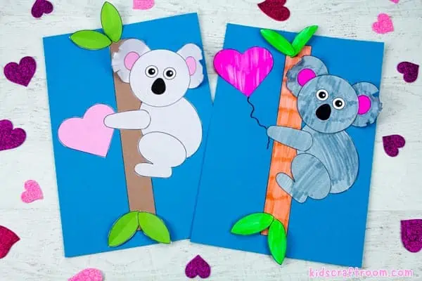Two cute Valentine Koala Crafts side by side.