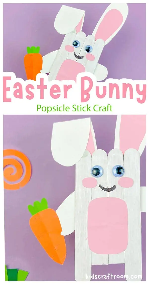 A collage of white Easter Bunnies overlaid with text "Easter Bunny popsicle stick craft".