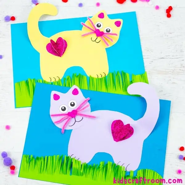 A yellow and purple valentine cat craft.