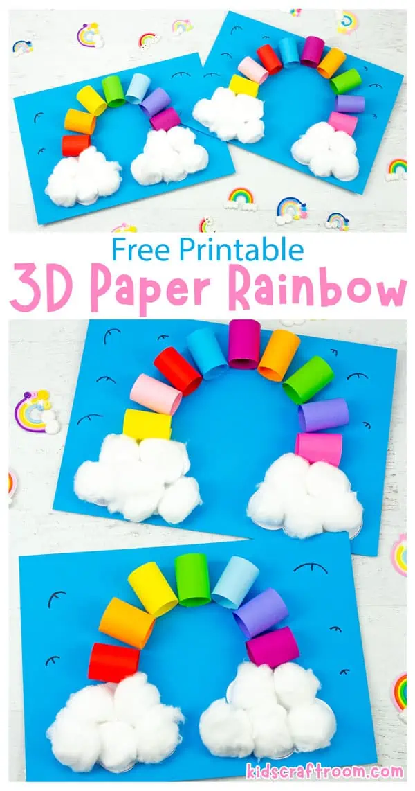 A collage of 4 3D Rainbow Crafts overlaid with text saying "Free printable 3D paper rainbow'.