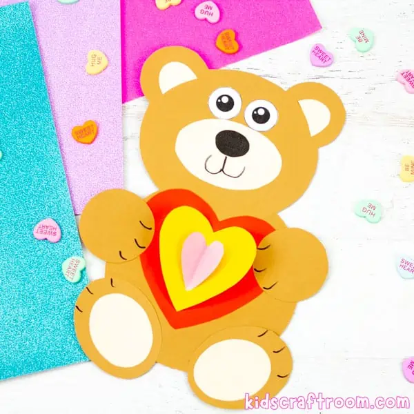 A Bear Valentine Craft made from brown paper.