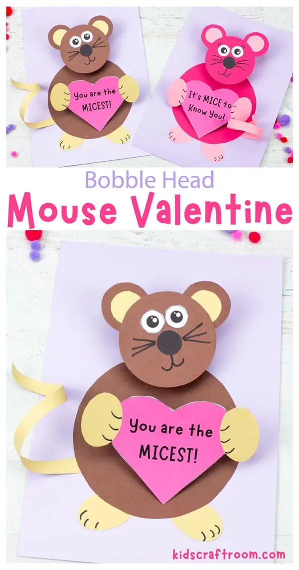 A selection of paper mice overlaid with text saying " Bobble Head Mouse Valentine".