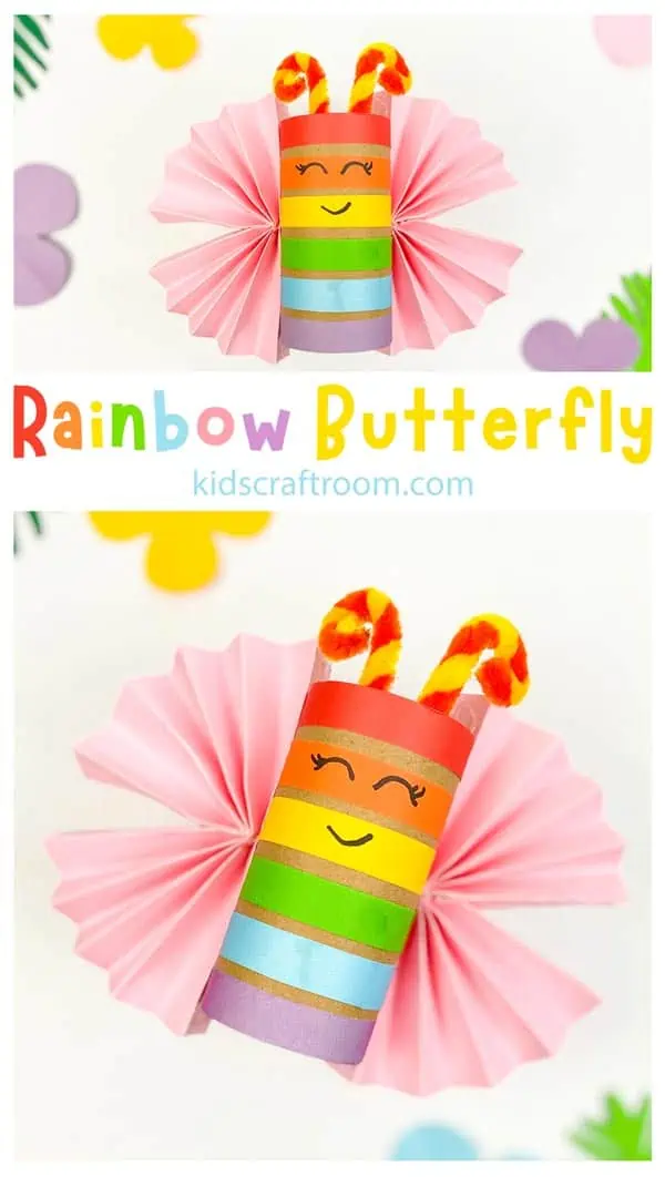 A collage of Rainbow Butterfly Crafts overlaid with descriptive text in rainbow colours.