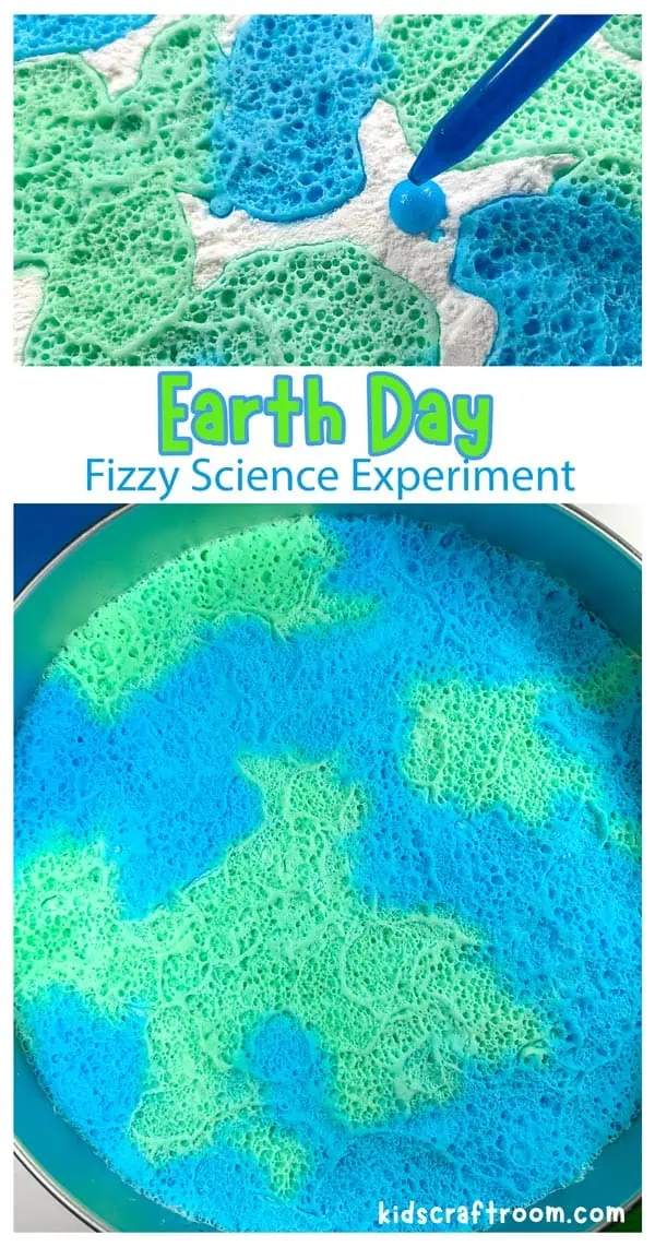 A collage showing the Fizzy Earth Day Science Experiment close up and at a distance.