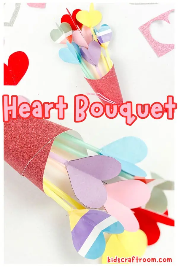 A collage of bunches of homemade flowers overlaid with text saying " Heart Bouquet".