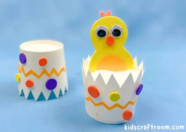 Hatching Easter Chick Craft showing the egg opened to reveal the chick inside.