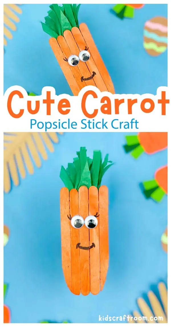 A collage of Carrot Crafts overlaid with text, "Cute carrot popsicle stick craft".