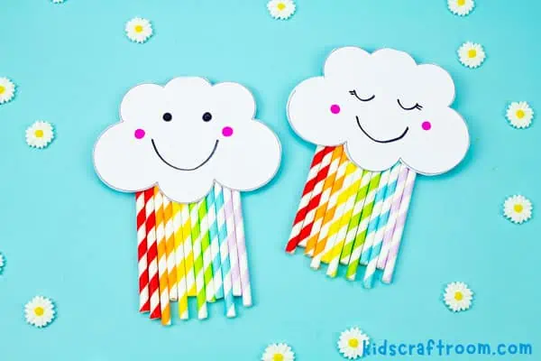 A Rainbow Card Craft with eyes open on the left and a Rainbow card with eyes shut on the right.