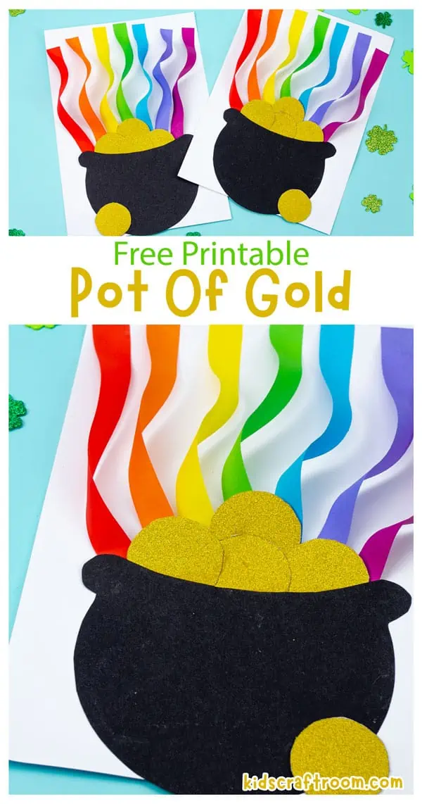 A collage of pots of gold crafts overlaid with text saying "Free printable pot of gold".
