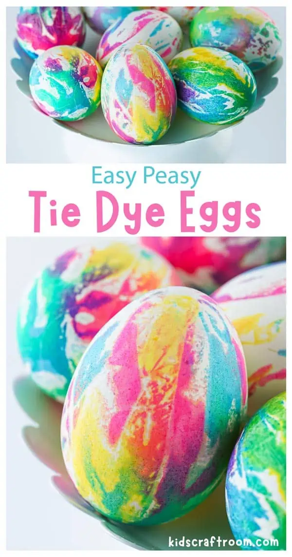 A collage of decorated Easter Eggs overlaid with text. "Easy Peasy Tie Dye Eggs".