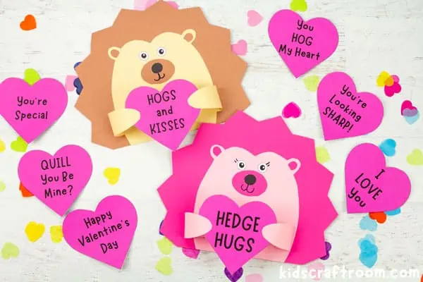 Two Valentine Hedgehog Crafts showing eight different heart shaped Valentine messages.