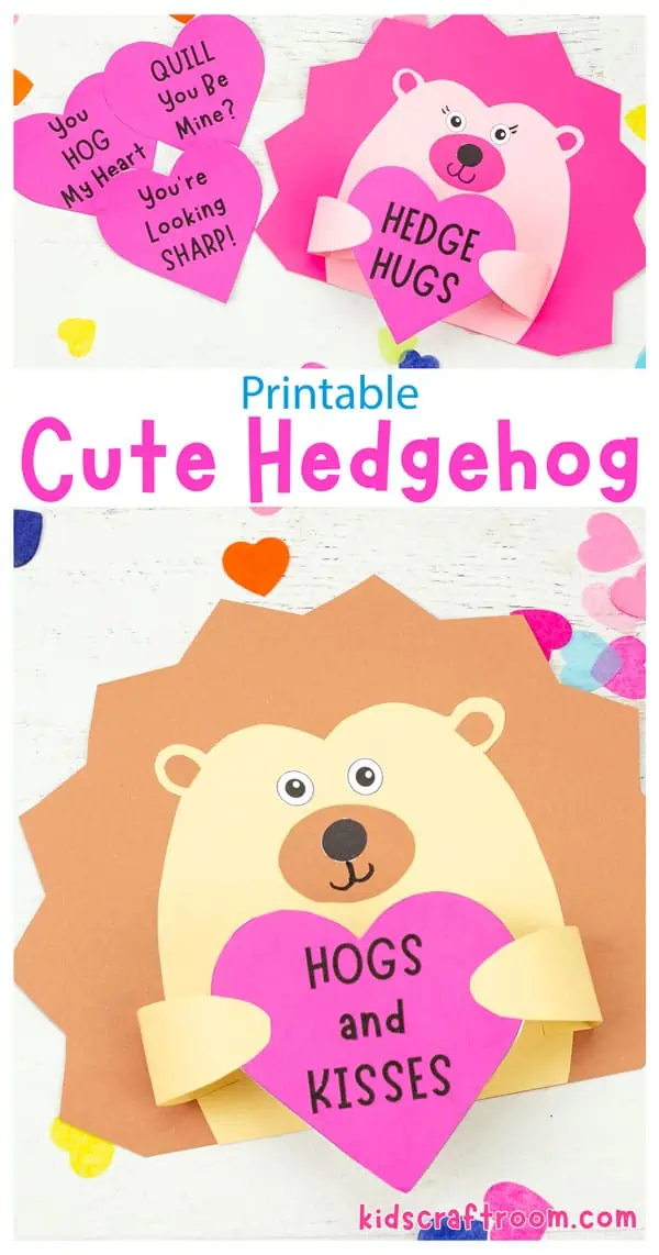 Two pink and brown Valentine Hedgehog Crafts showing a range of heart shaped Valentine hedgehog pun messages.