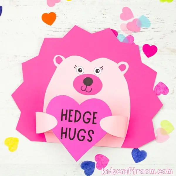 A close up of a pink Valentine Hedgehog Craft.