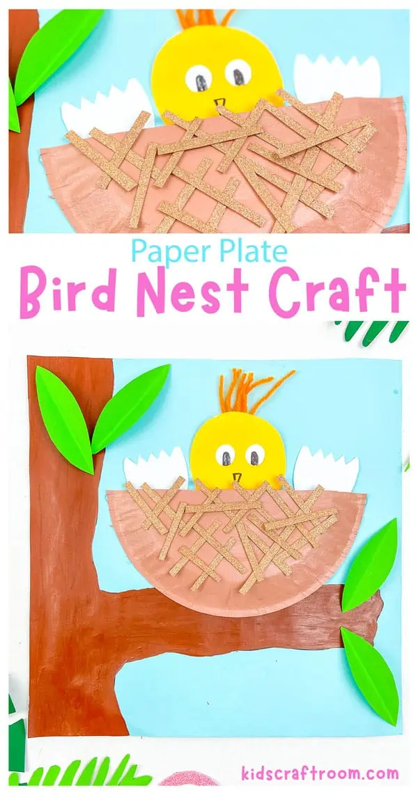 A close up of the Paper Plate Bird Nest Craft for kids.