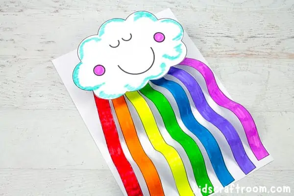 A close up of the cloud rainbow craft viewed from the side to show the wavy rainbow rays.