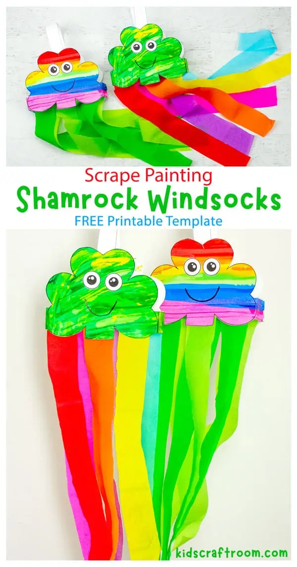 A collection of Scrape Painting Shamrock Windsock Crafts. Two are lying on a table top and two are hanging up.