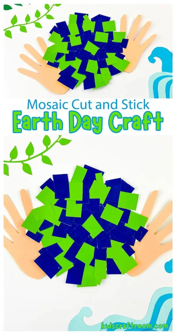 A collage showing close up and distant Mosaic Handprint Earth Day Crafts.