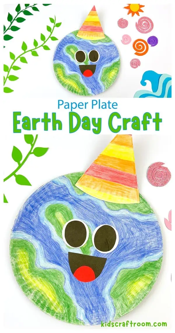 A close up of a Paper Plate Earth Day Craft overlaid with text.