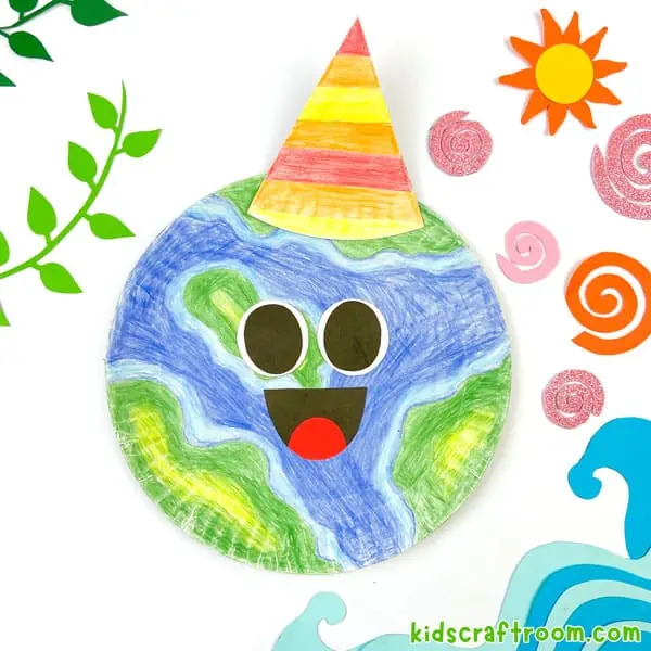 A finished Paper Plate Earth Day Craft on a white backdrop.