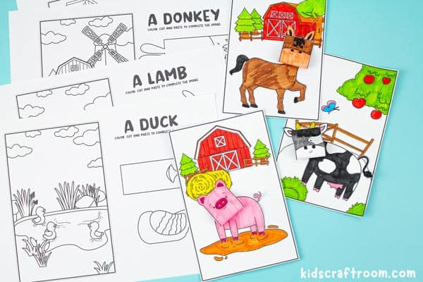 A selection of 3D Coloring Pages Farm Animals fanned out on a blue back ground.