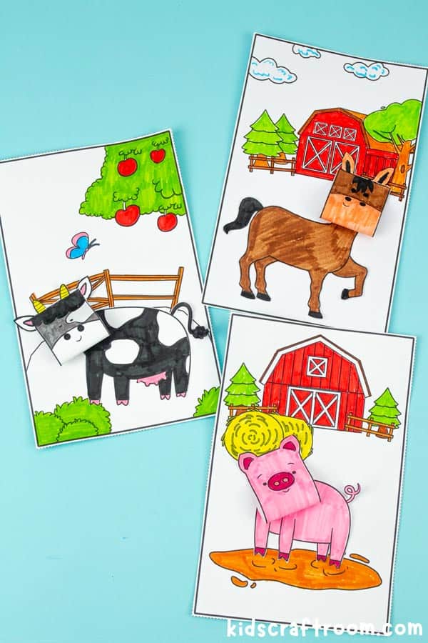 Completed 3D Coloring Pages Farm Animals - cow, pig and horse.