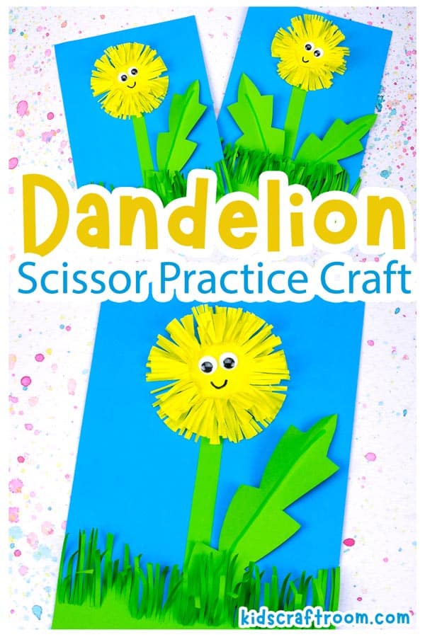 A collage of paper dandelions overlaid with text "Dandelion Scissor Practice Craft".