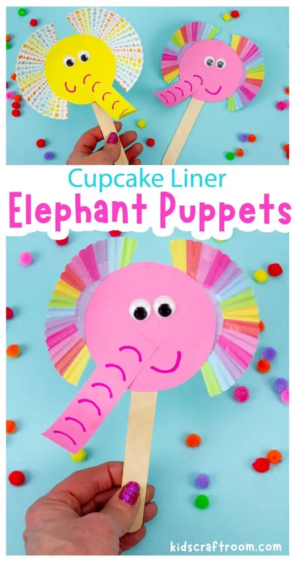 A close up of a pink Cupcake Liner Elephant Puppet Craft.