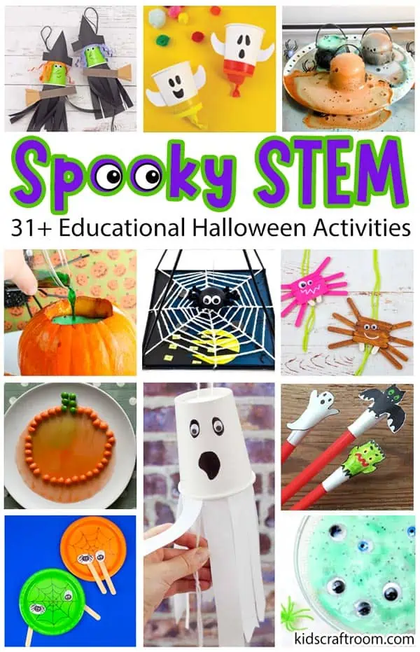 A collage showing lots of different Halloween STEM challenges for kids.