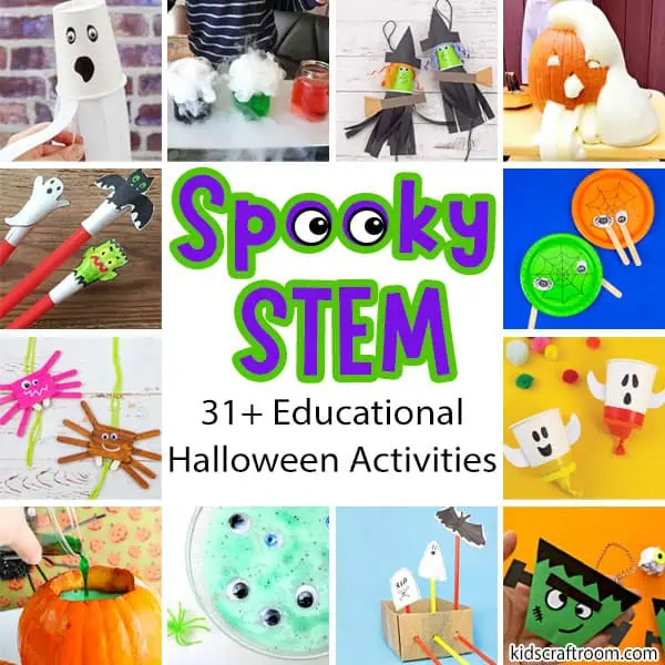 A square collage showing lots of different Halloween STEM ideas for kids.