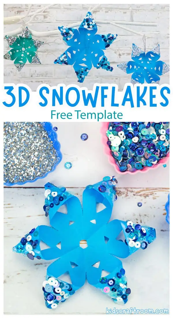 An overhead view of a 3D paper snowflake. It's made from blue paper and the points are curled over to make them 3D.