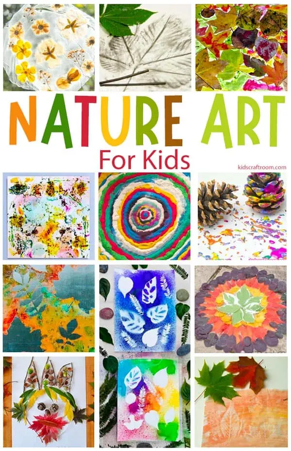 A collages of 12 different nature art ideas for kids.