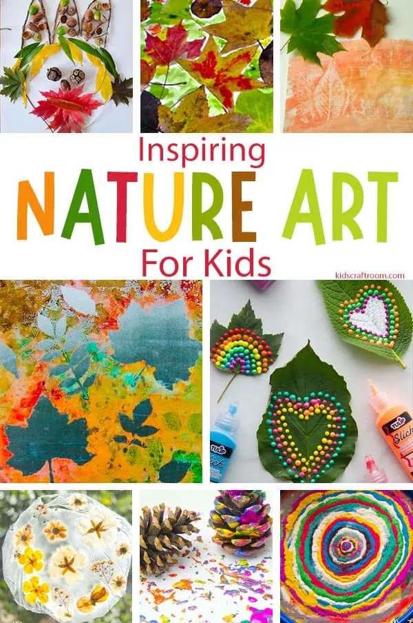 A collage of 8 different nature art projects for kids.