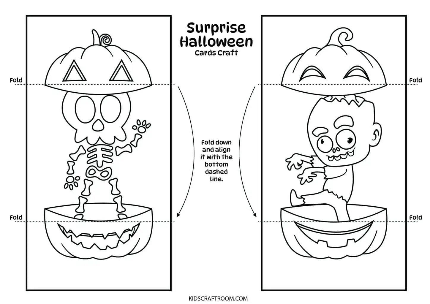The printable templates for a skeleton and a zombie surprise halloween craft for kids.
