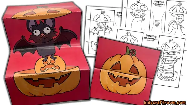 A hidden bat Surprise Halloween Card shown before it's coloured in and after it's coloured in.