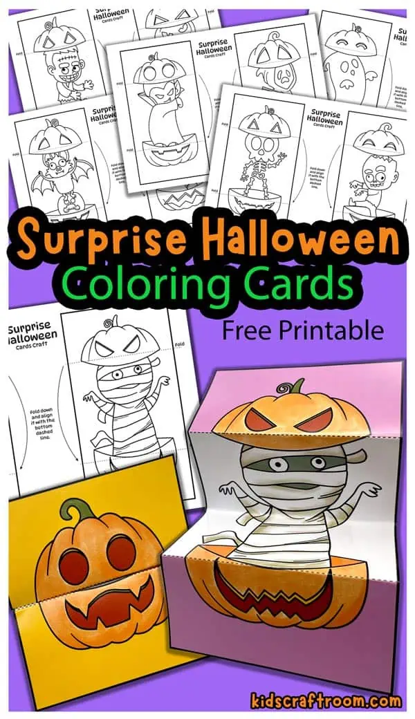 A selection of Surprise Halloween Cards For Kids. Also one coloured in ghost card, showing the card closed and opened.
