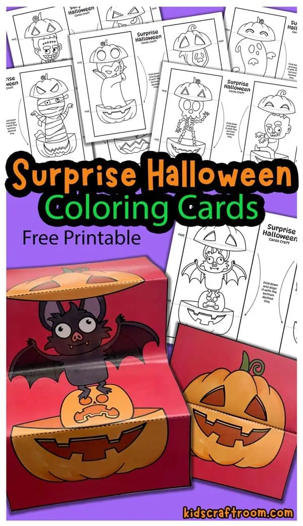 A collection of different surprise halloween card printable templates. Below those there is a bat card that has been coloured in black with a red background. It shows the card open revealing the hidden bat and also closed so it looks like a pumpkin.