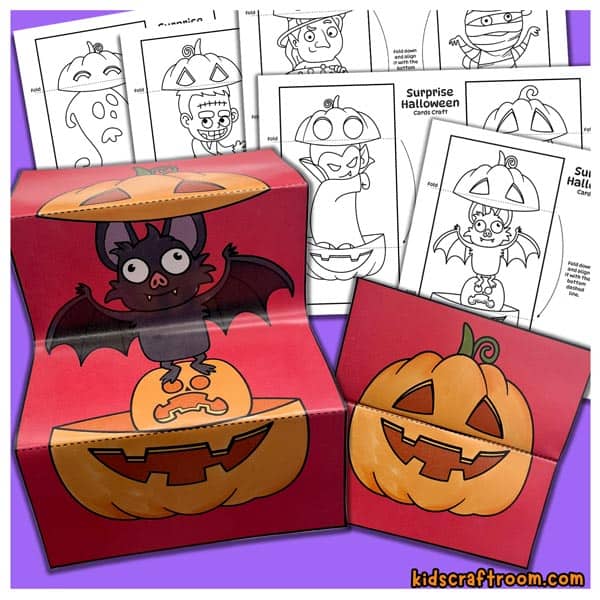 A close up of a bat Surprise Halloween Cards For Kids showing it coloured in and open and closed.