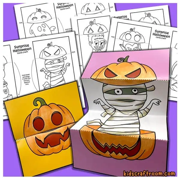 A close up of a ghost Surprise Halloween Cards For Kids showing it coloured in and open and closed.