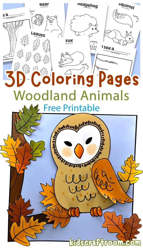 A close up of a finished 3d Owl Colouring sheet. The owl's wing and the leaves on the tree stand proud of the page to give a 3D effect.