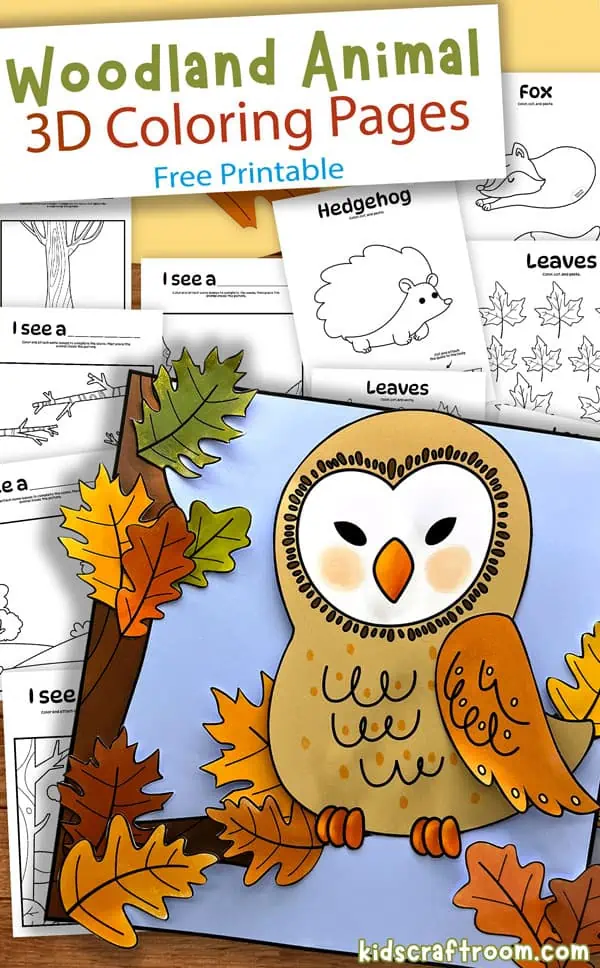 A finished 3D owl colouring sheet lying on top of other varieties that are ready to be coloured in.