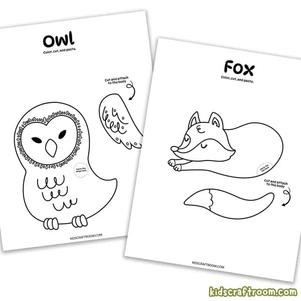A close up of the owl and the fox colouring pages.