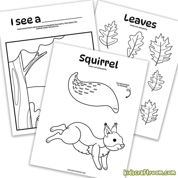 Three 3D woodland animal colouring pages - a squirrel, a background and some leaves.