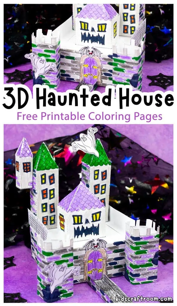 A collage of 2 paper haunted house crafts. One viewed from the right and one from the left.